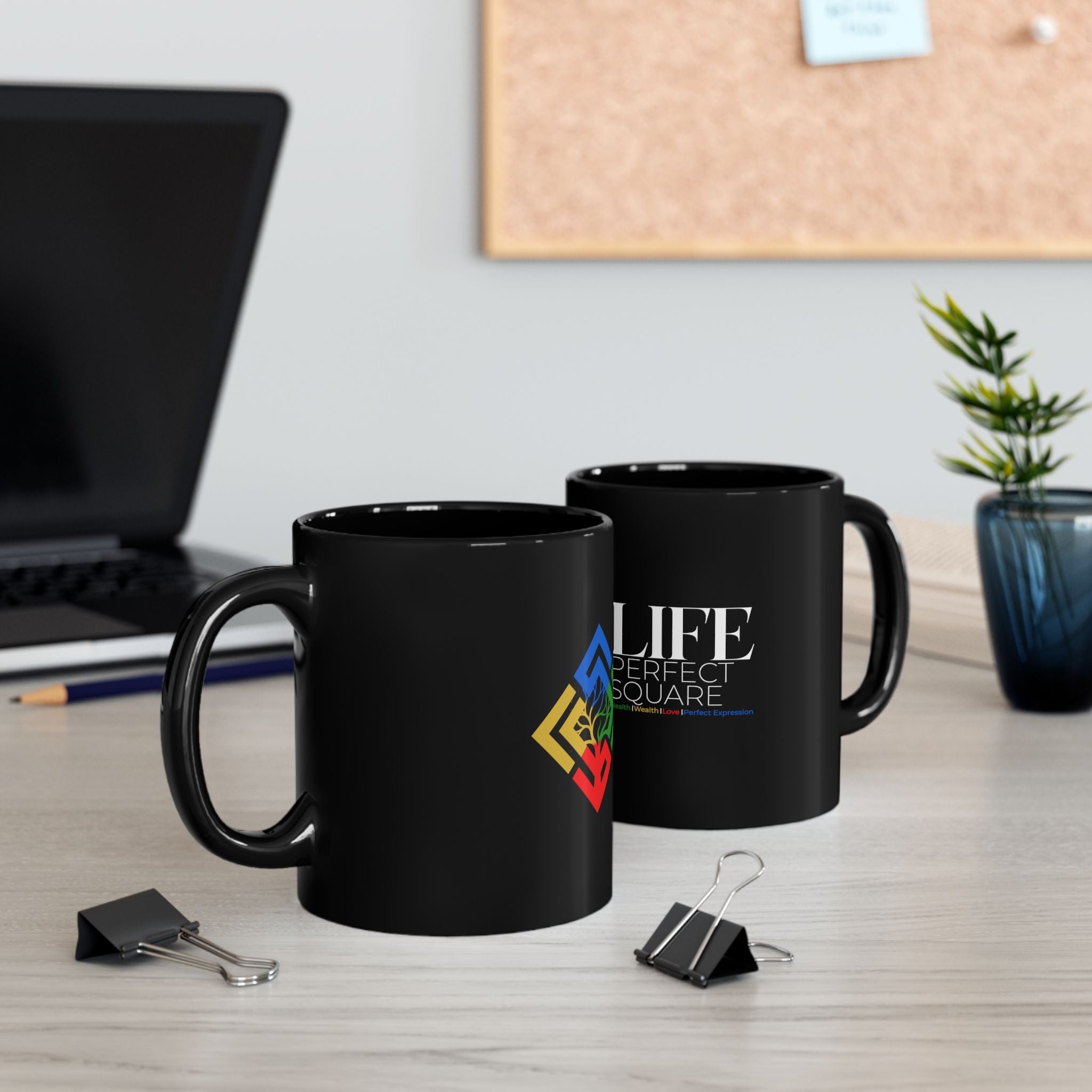 Life Perfect Square Black Coffee Mug Colorful Logo 11oz & 15oz
