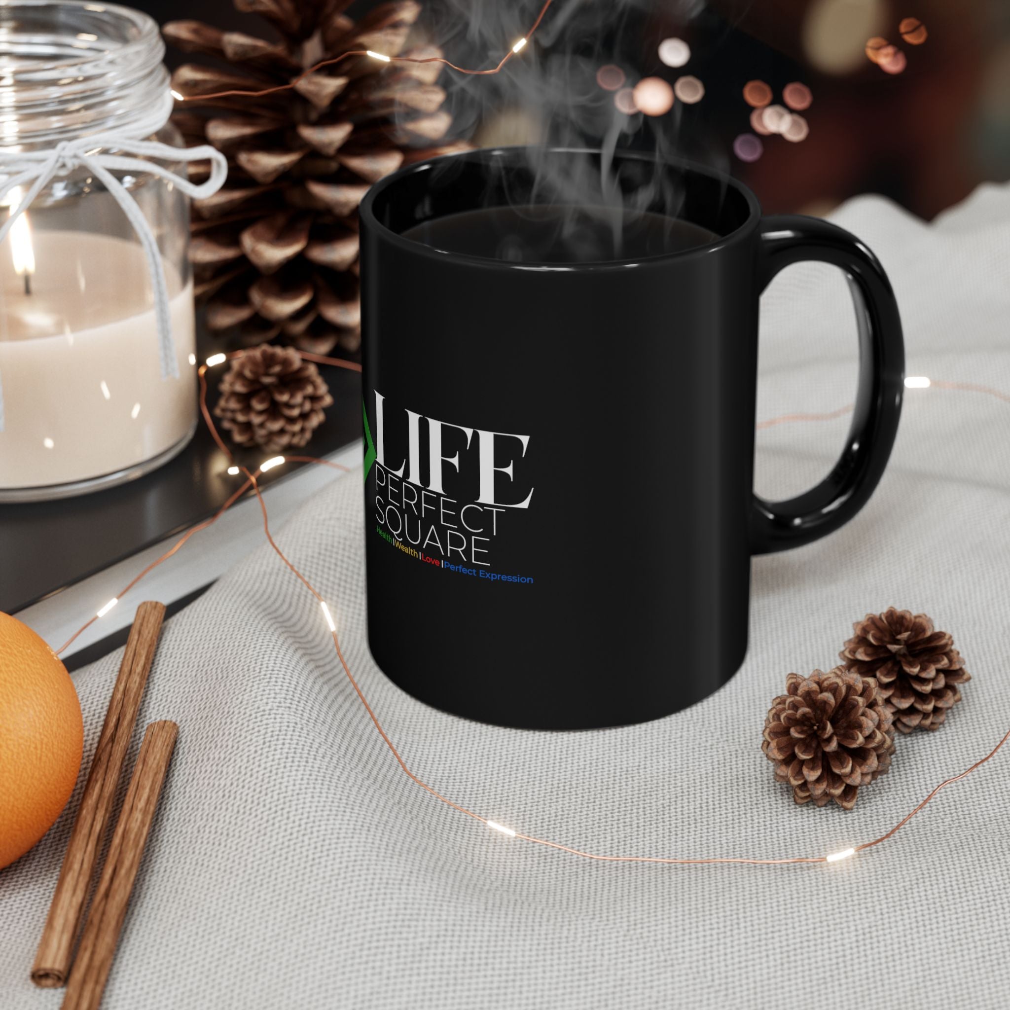 Life Perfect Square Black Coffee Mug Colorful Logo 11oz & 15oz